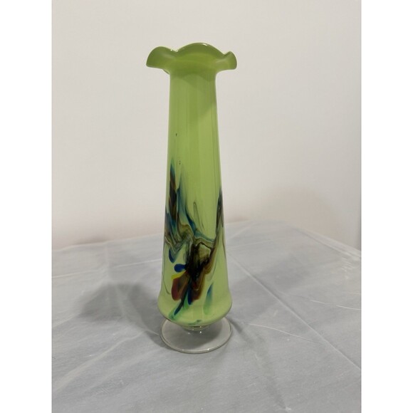 Tall Hand Blown Art Glass Vase Green Swirl Trumpet Rim Studio Glass Modern